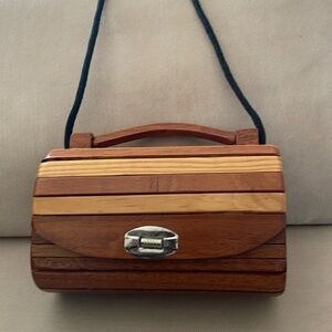 Vintage Wood Varied Slats Fully Lined Handle Mini Bag Black Rope Crossbody